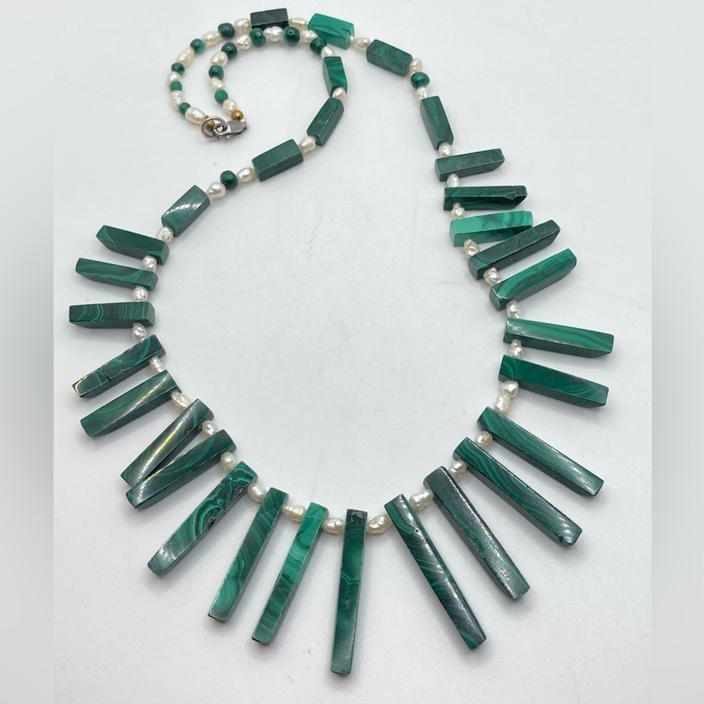 VTG Sterling Malachite & Biwa Rice Pearl Egyptian Style Bib Necklace 17” + 1.4”